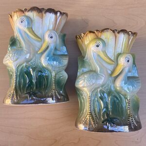 Lusterware Vase Blue Stork Storks Centerpiece Baby Shower Decor Boy Vtg SET OF 2